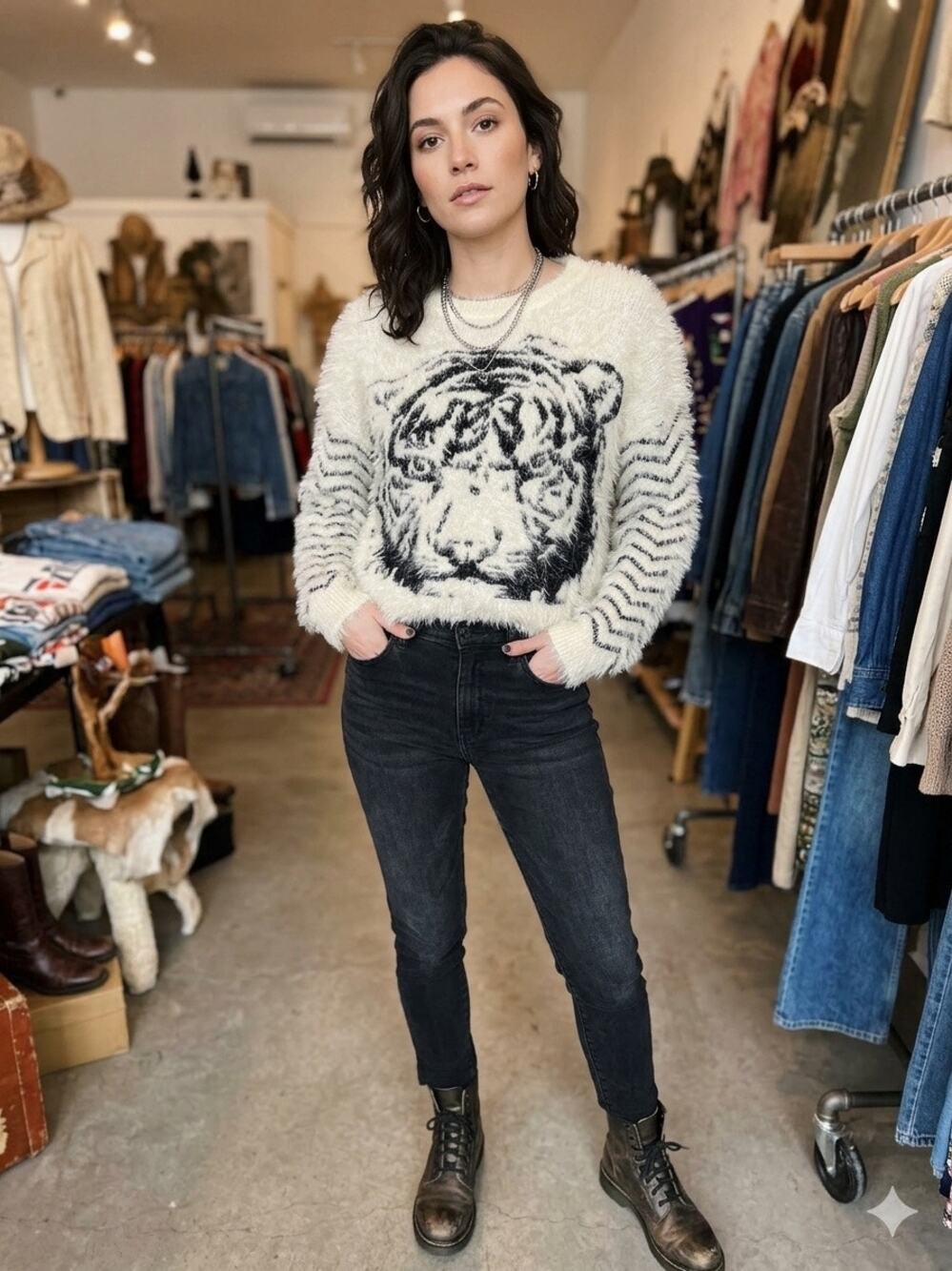 Vintage By Corpus Women's Urban Outfitters Fuzzy Tiger Eyelash Knit Sweater M